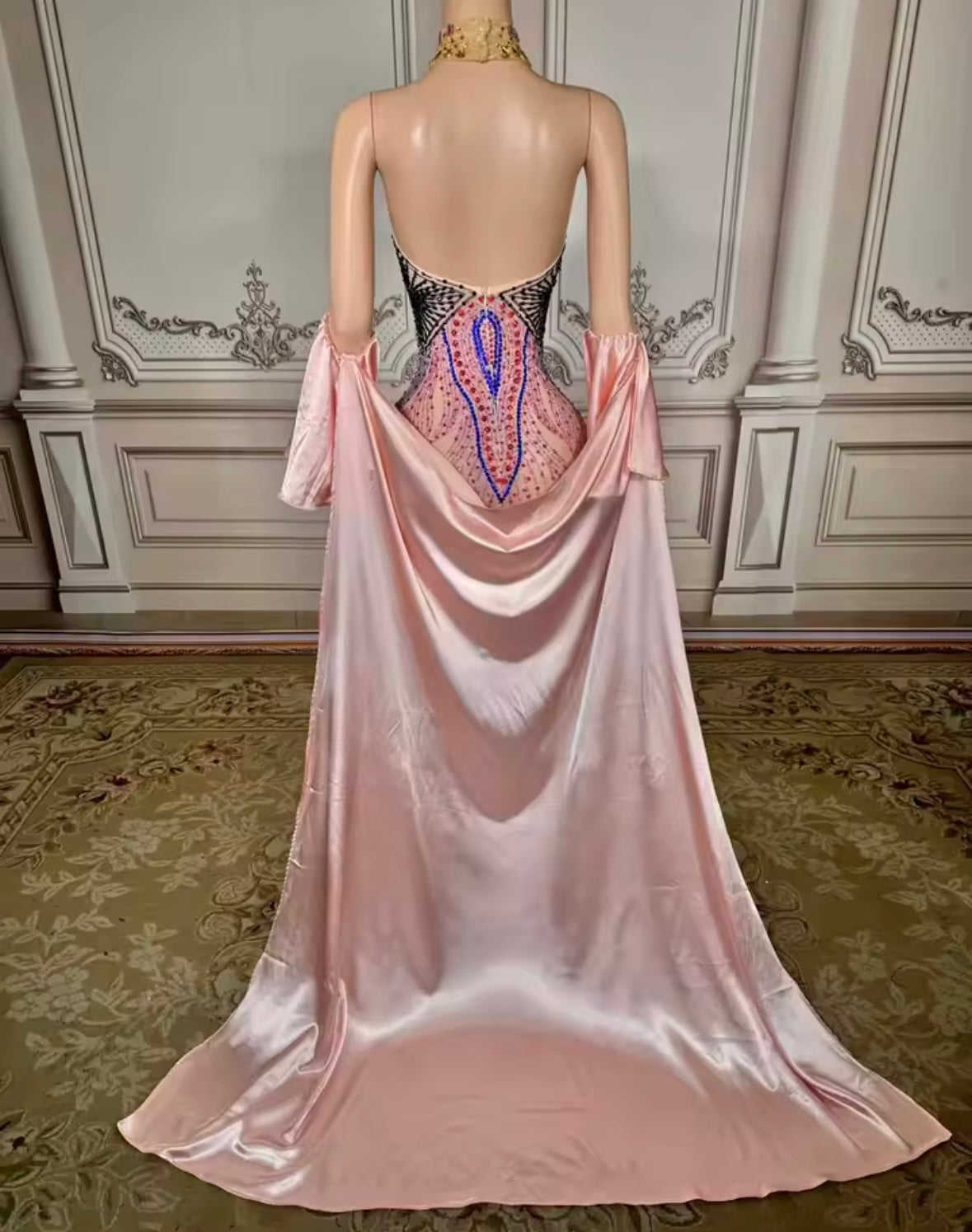 Sexy Halter Sleeveless Color Rhinestone Glove Mermaid Dress