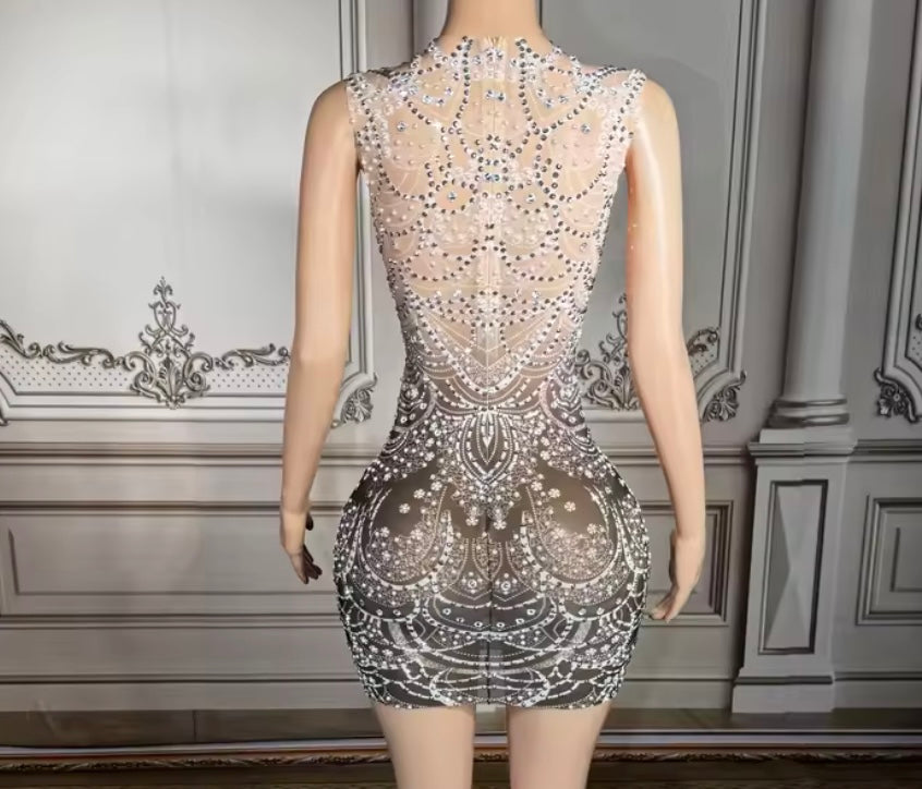 Sexy Sleeveless Gradient See Through Rhinestone Dress