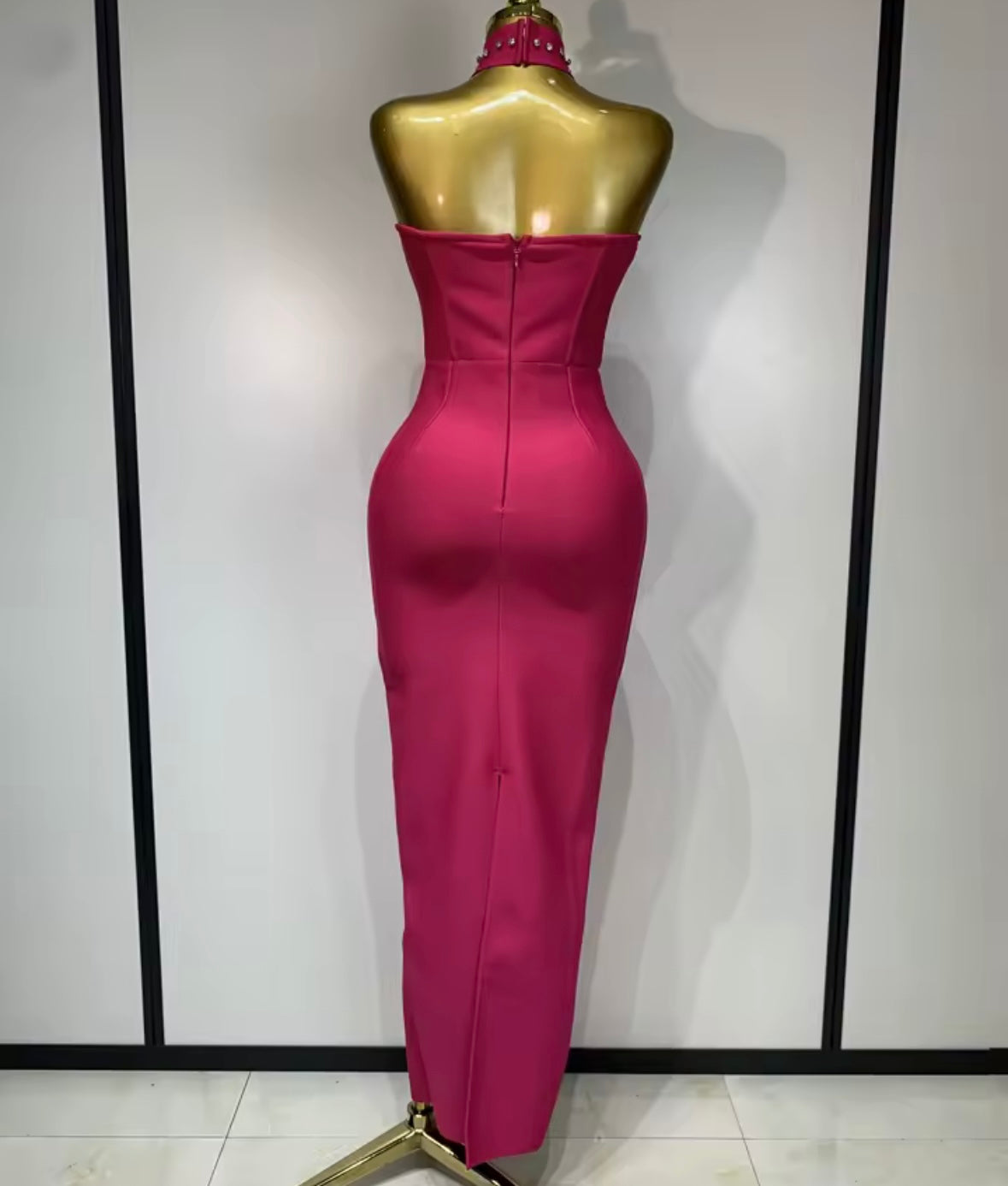 Pink Choker Strapless Sexy Rhinestone Maxi Dress