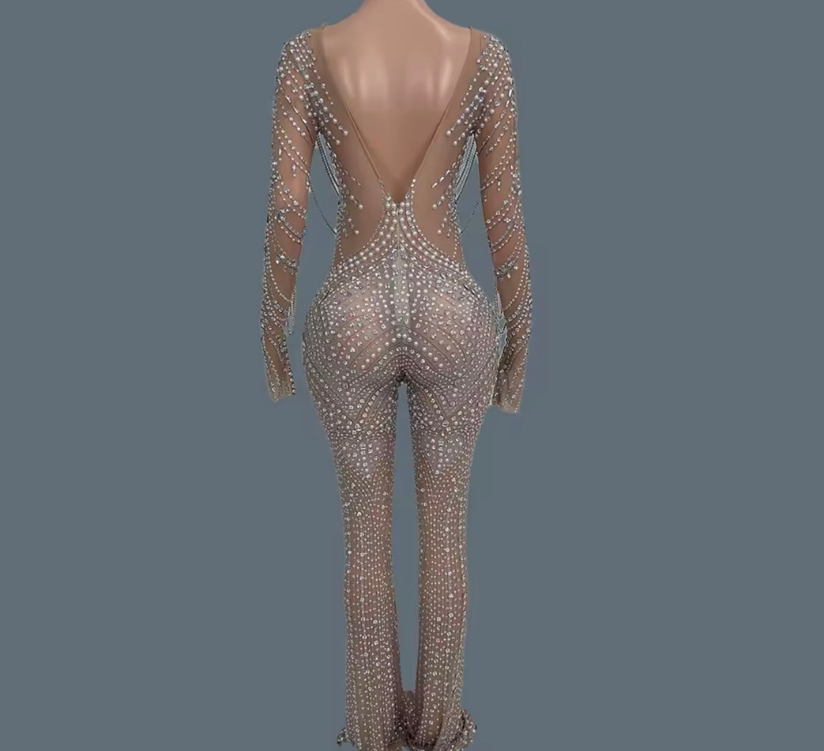 Sexy Rhinestone Chain Full Sleeve See Through Jumpsuit