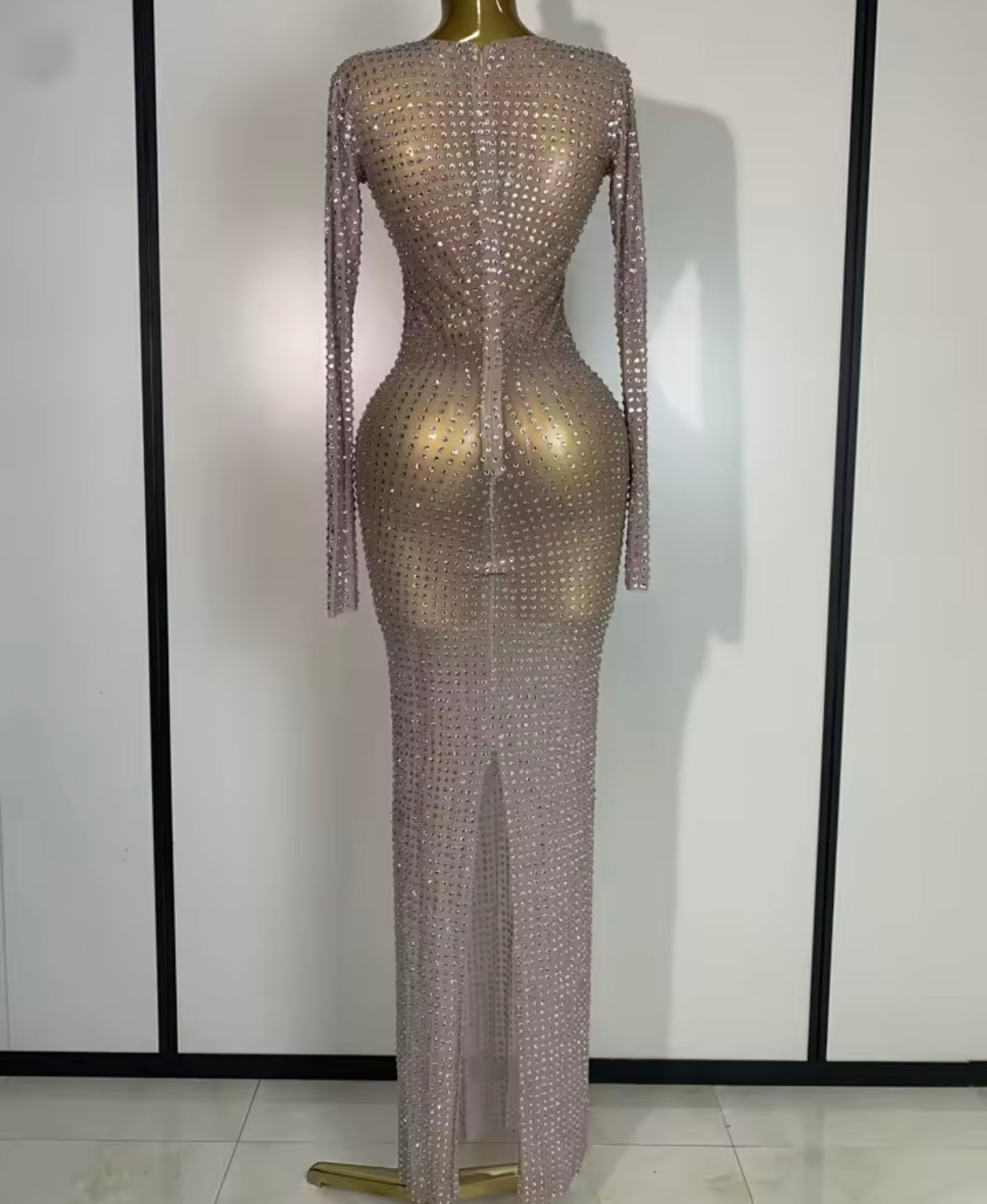Sexy See Through Full Sleeve Rhinestone Floor-Length Dress
