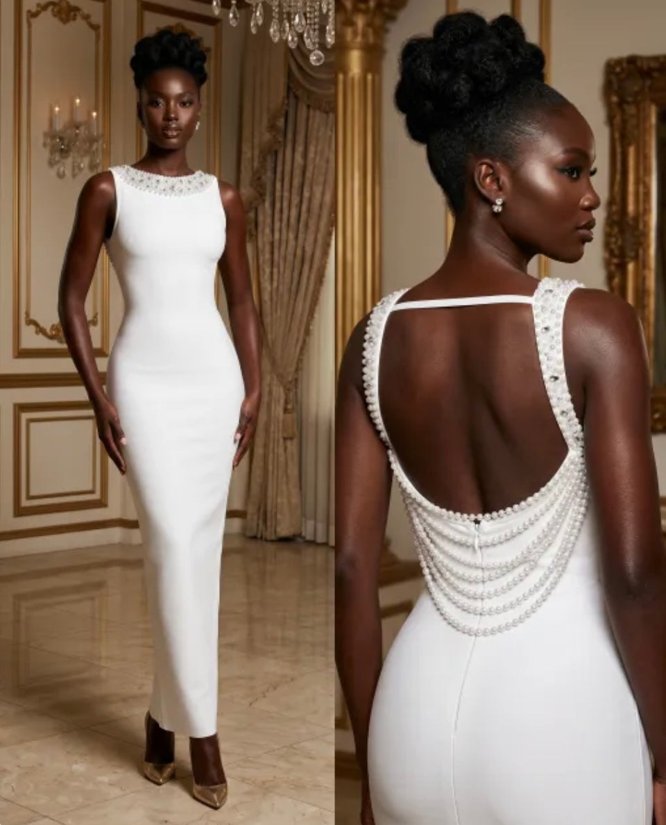 Sexy Sleeveless Rhinestone Pearl Open Back Maxi Dress