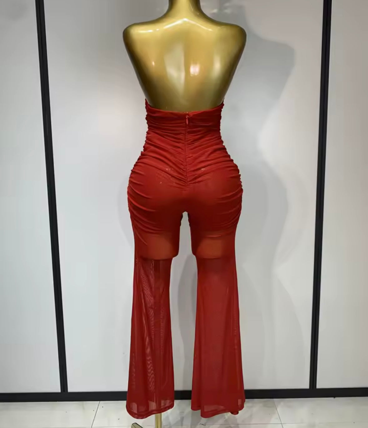 Sexy Red Rose Strapless Ruched Open Back Jumpsuit