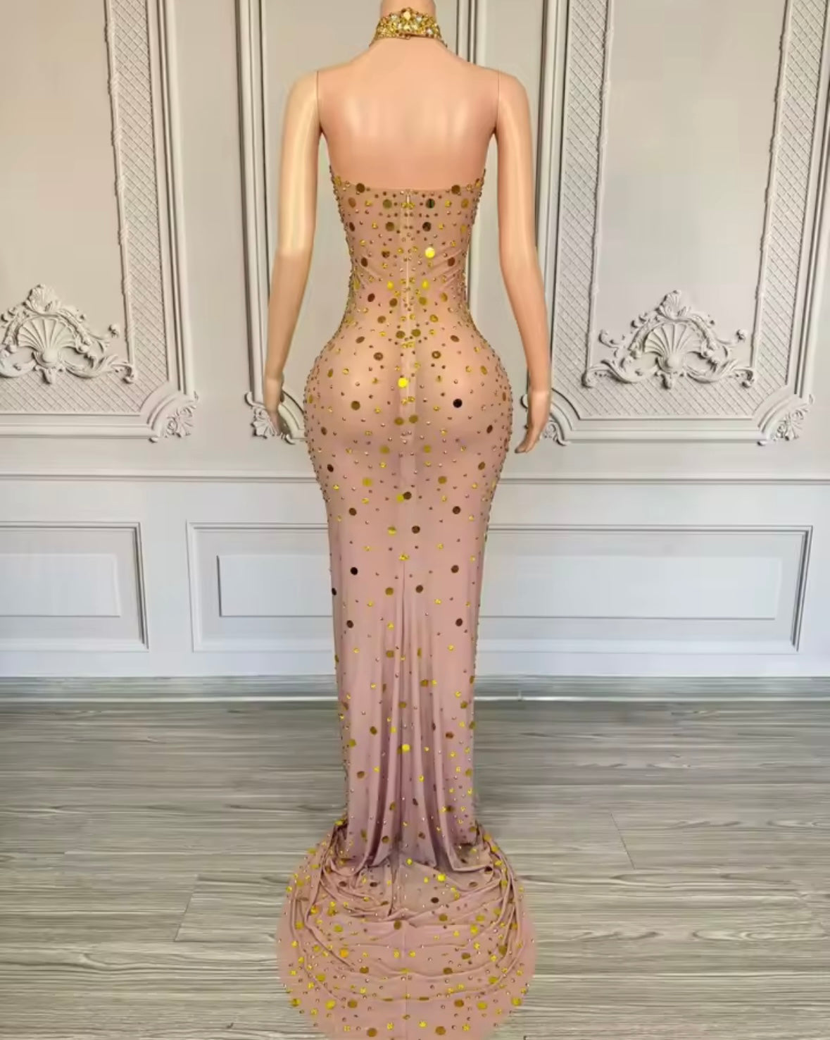 Sexy Halter Sleeveless Rhinestone Embellishment Side Split Maxi Dress
