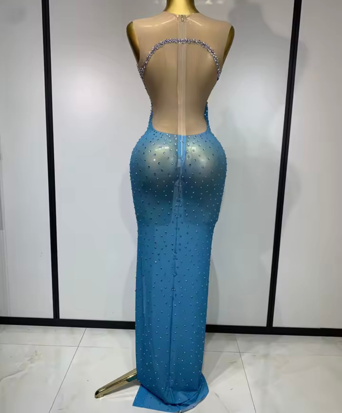Sexy Blue Sleeveless Rhinestone Embellishment Maxi Dress