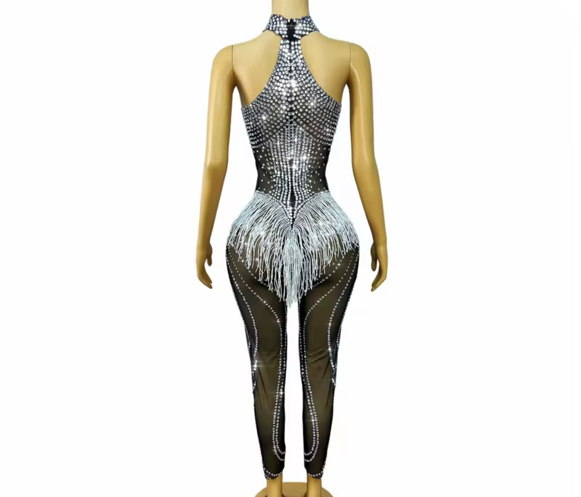 Sexy Black Sleeveless Rhinestone Fringe Tassel Jumpsuit