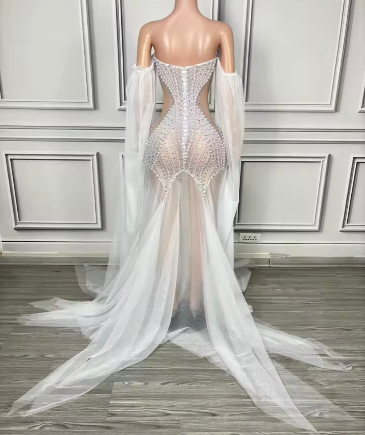 Sexy Strapless Beaded See Through Floor-Length Dress
