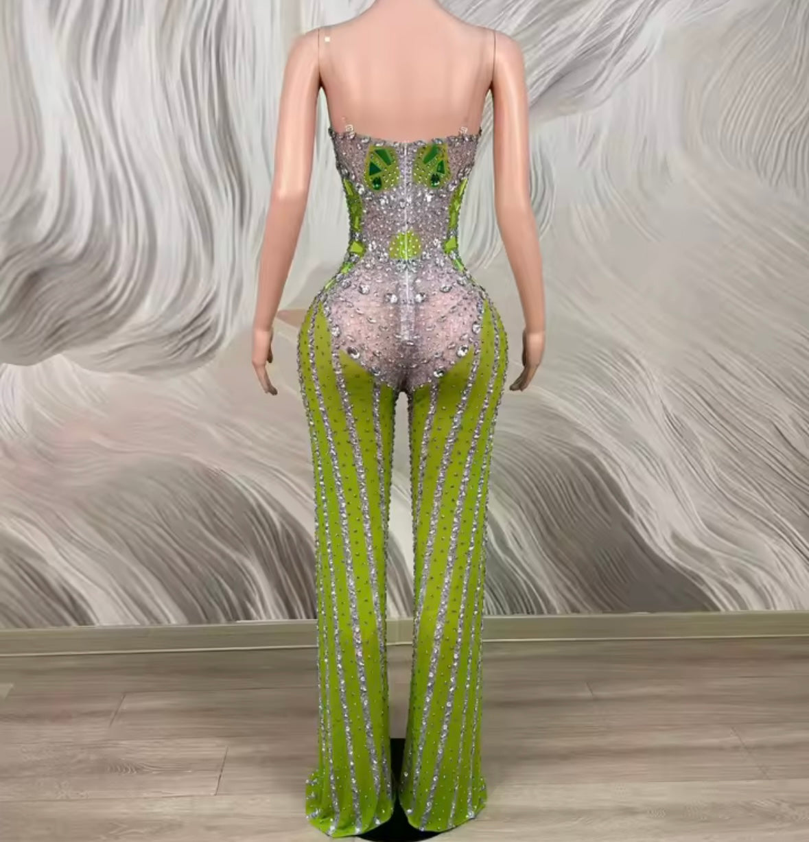 Green Sexy Sleeveless Rhinestone See Through Jumpsuit