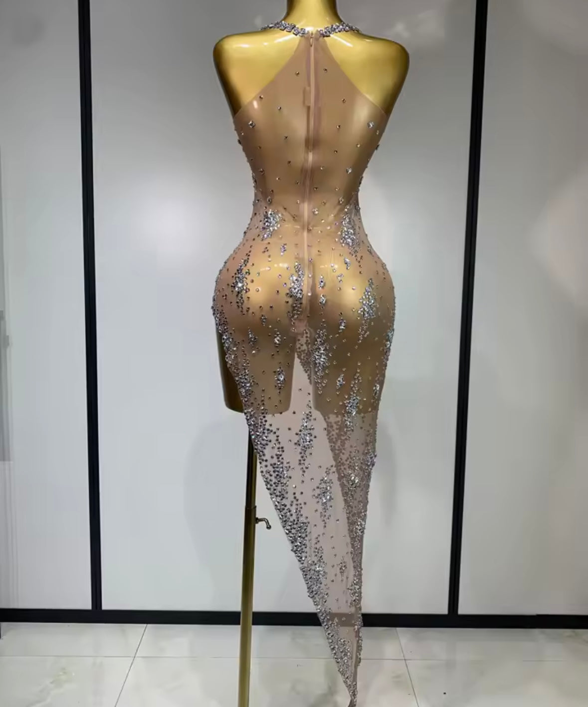 Sexy Sleeveless See Through Rhinestone Asymmetrical Dress