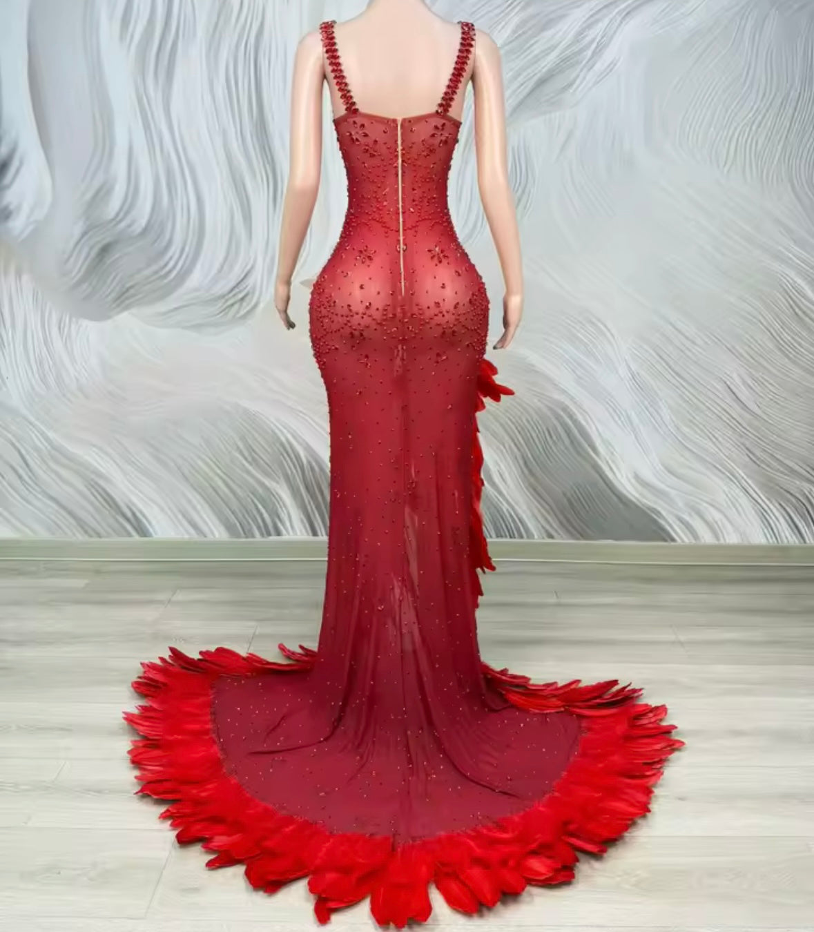 Red Sexy Sleeveless Rhinestone Feather Front Split Maxi Dress