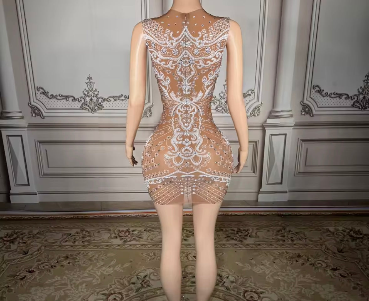 Sexy Sleeveless Rhinestone Printed See Through Dress