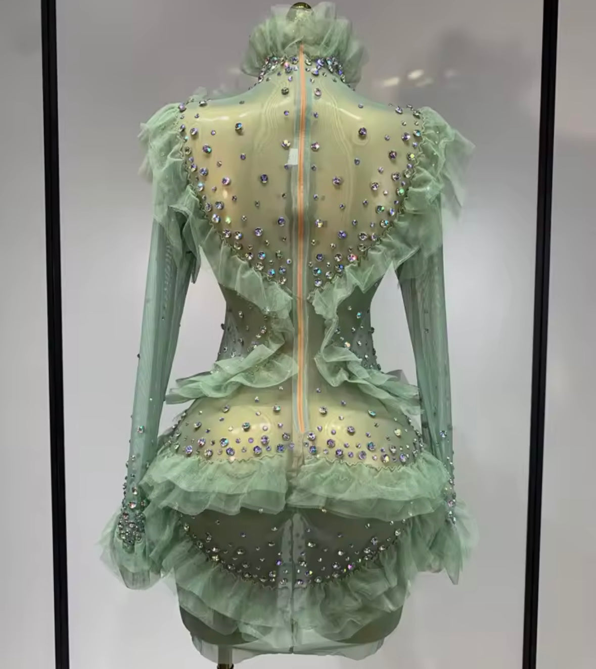Green Sexy Ruffled See Through Full Sleeve Rhinestone Dress