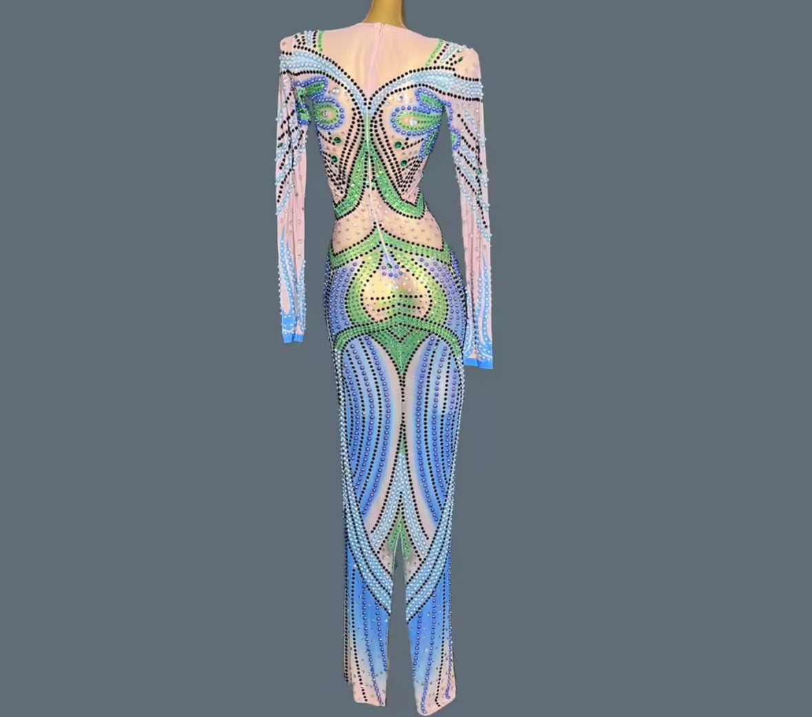 Sexy Colorful Rhinestone Full Sleeve Maxi Dress