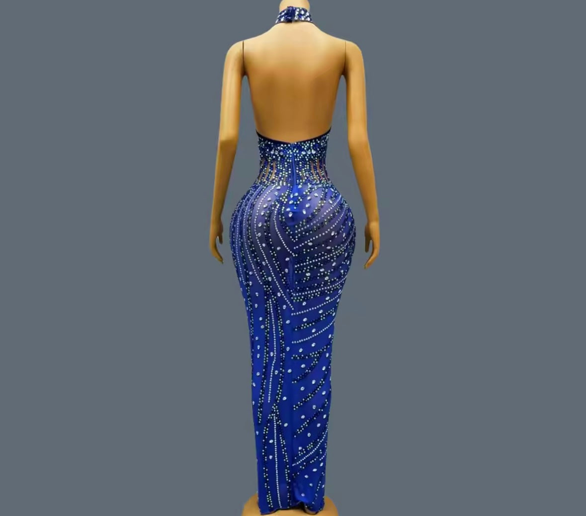 Blue Halter Sleeveless Rhinestone Embellishment Maxi Dress
