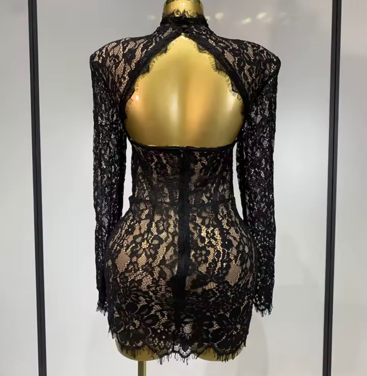 Sexy Black Lace Open Back Full Sleeve Dress