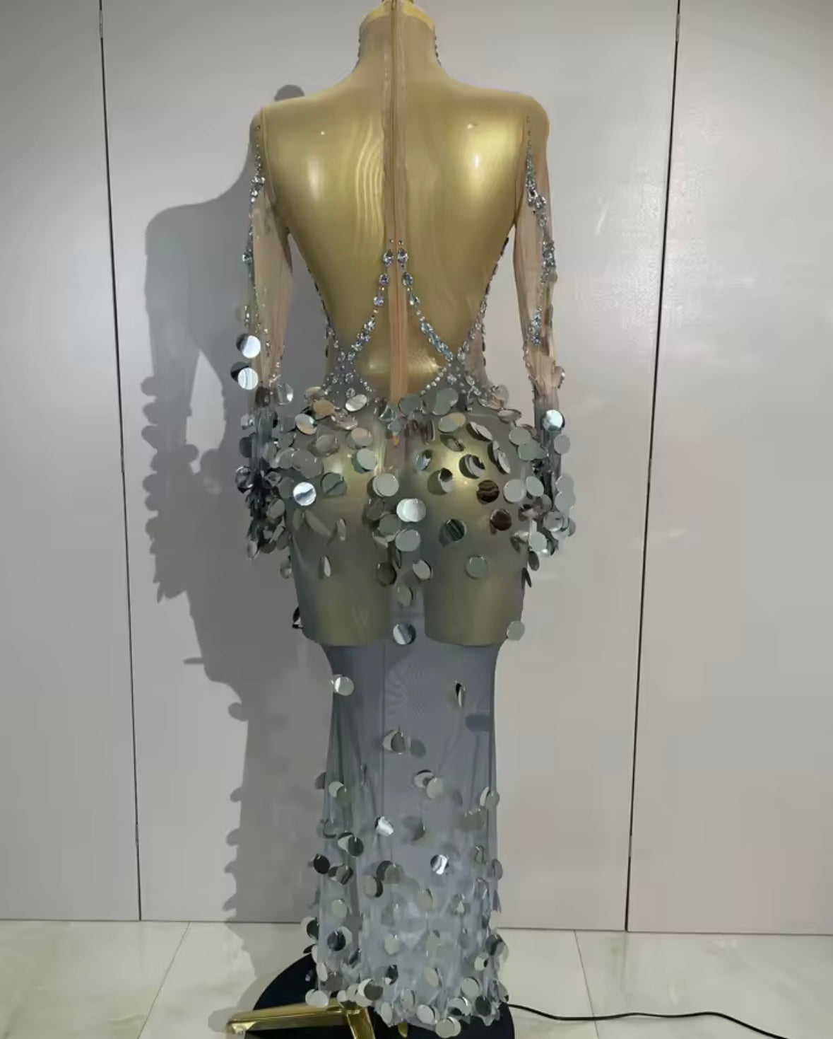 Sexy Sequins Rhinestone Silver Full Sleeve Maxi Dress
