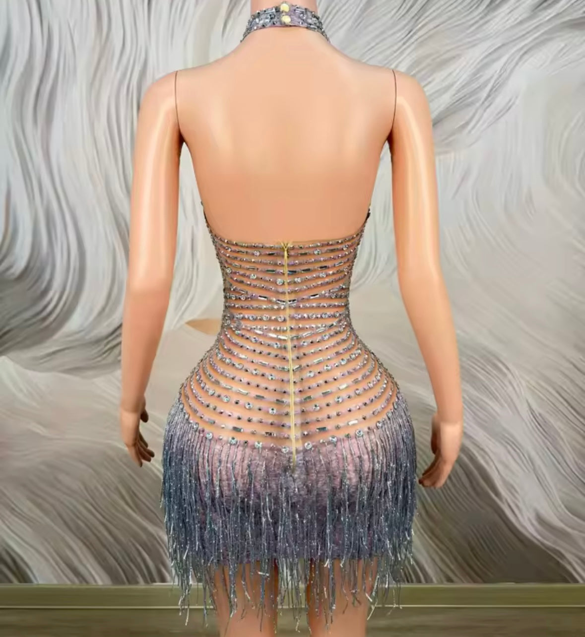 Halter Sleeveless Rhinestone Fringe Tassel Sexy Dress