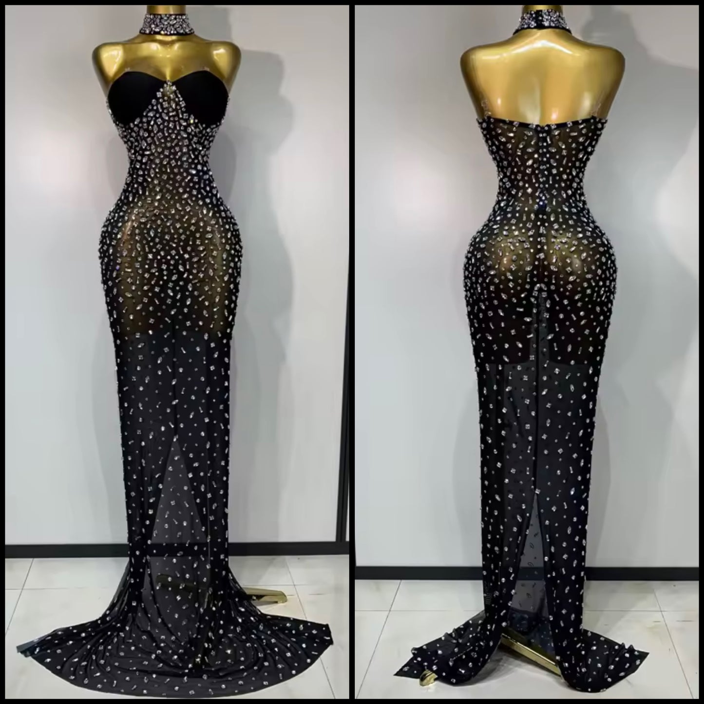 Sexy Black Strapless Choker Rhinestone Floor-Length Dress