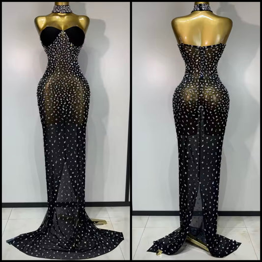 Sexy Black Strapless Choker Rhinestone Floor-Length Dress