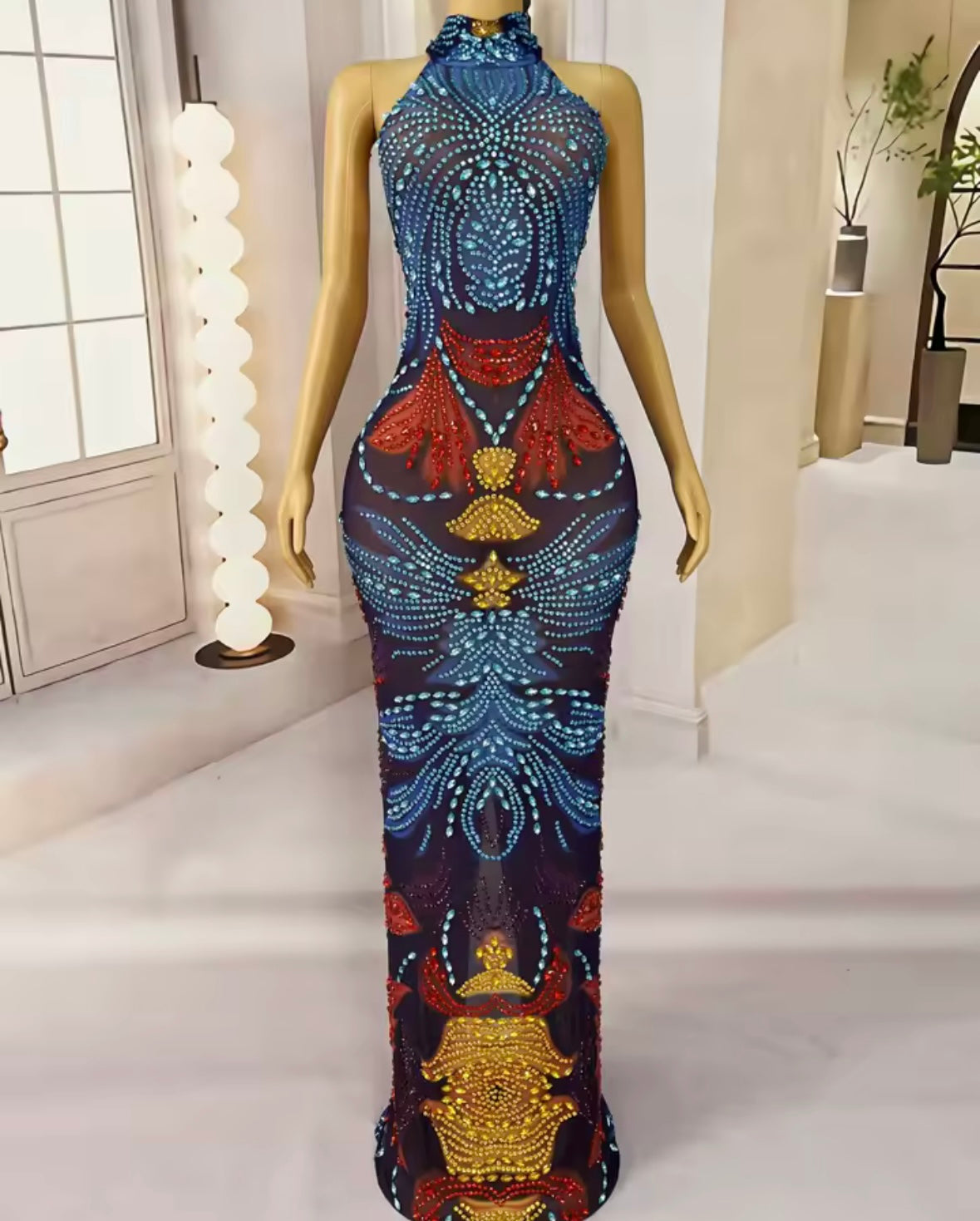 Sexy Halter Sleeveless Colorful Rhinestone Maxi Dress