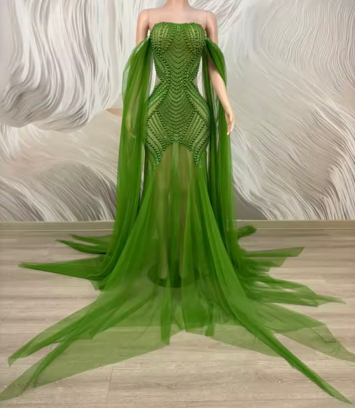 Sexy Strapless Beaded See Through Floor-Length Dress