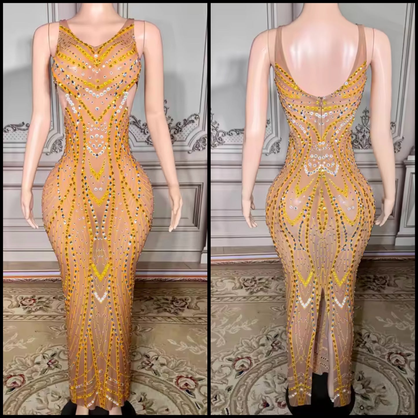Sexy Sleeveless Rhinestone See Through Hollow Out Maxi Dress
