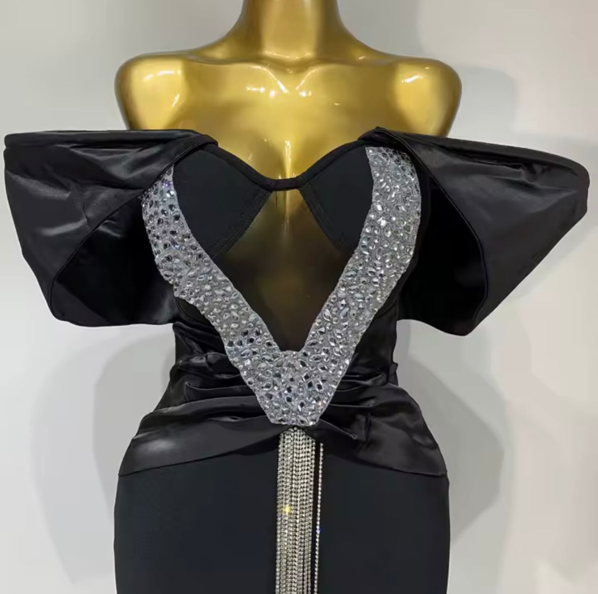 Black Elegant Off The Shoulder Rhinestone Tassel Maxi Dress
