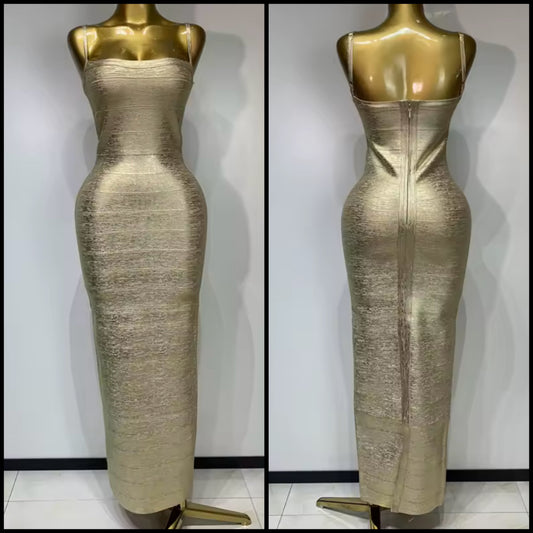 Gold Sexy Sleeveless Bandage Maxi Dress