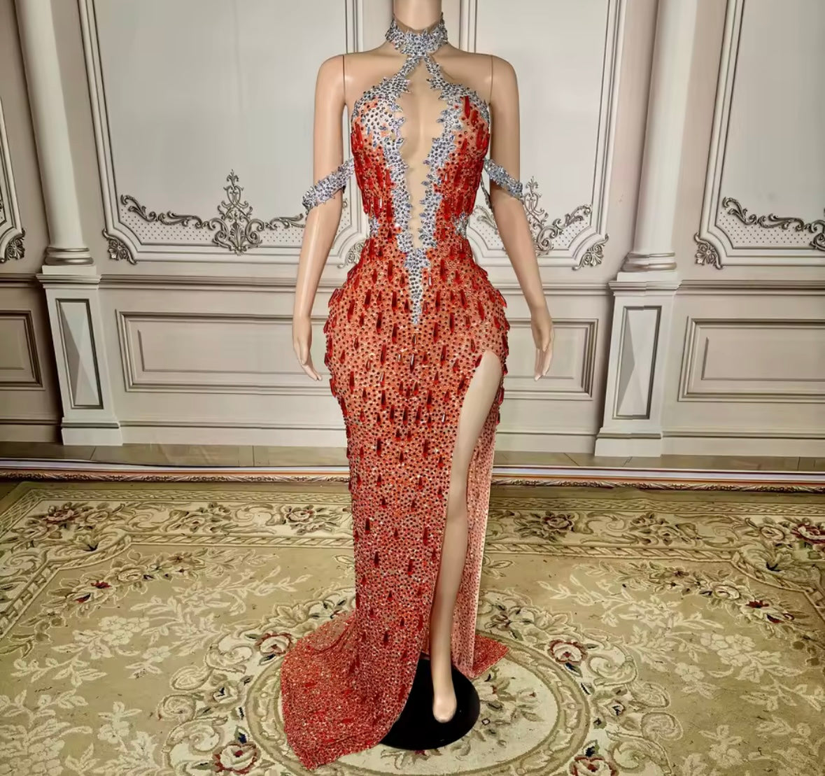 Sexy Halter Sleeveless Rhinestone Embellishment Maxi Dress