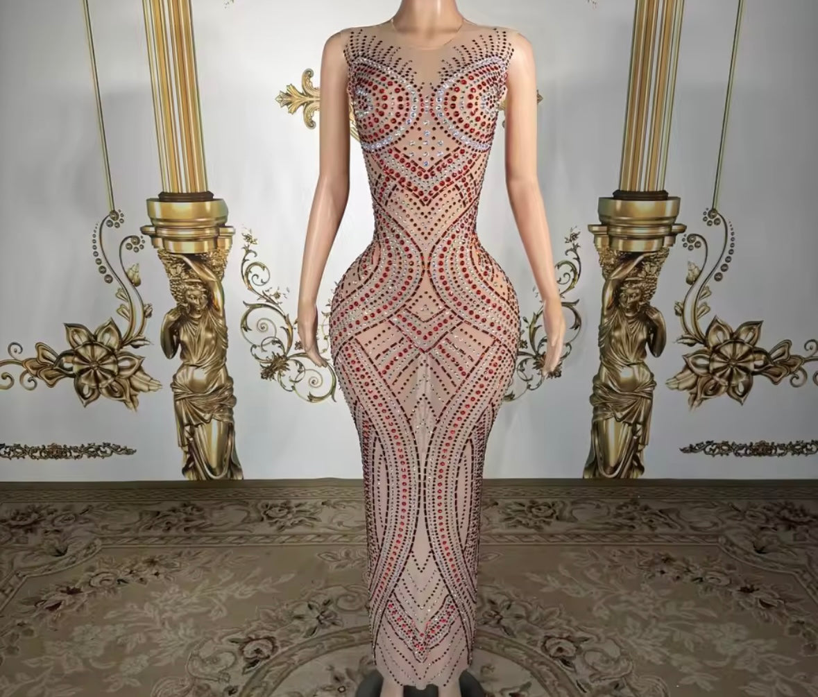 Sexy Sleeveless See Through Rhinestone Maxi Dress