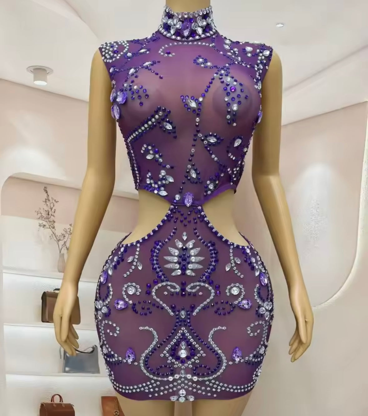 Purple Sleeveless Rhinestone Embellishment Sexy Dress