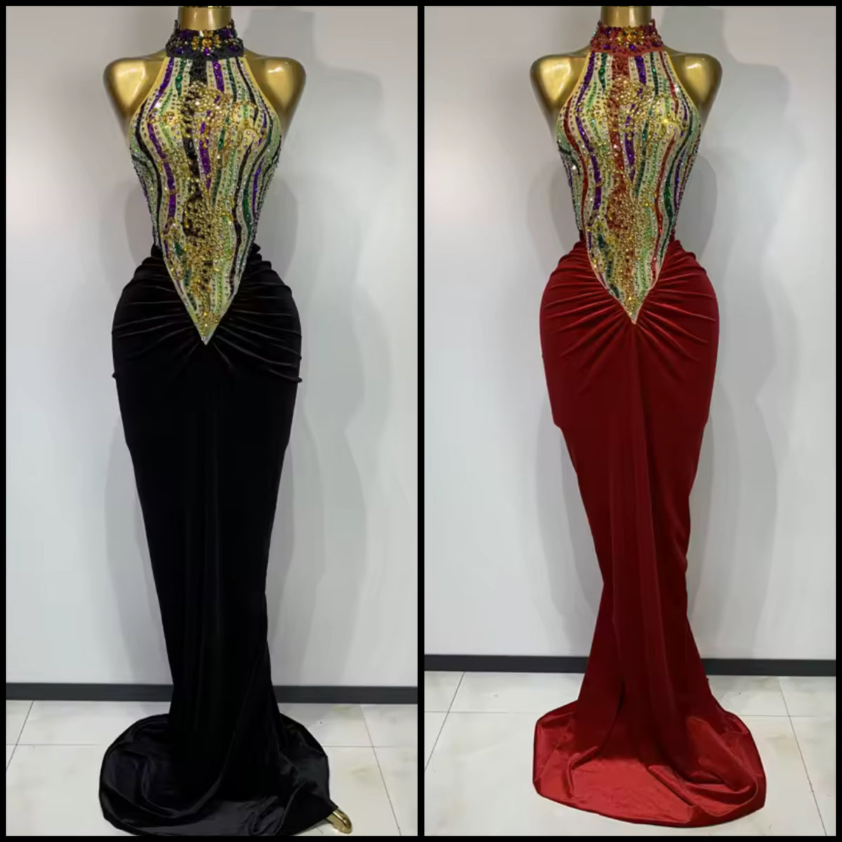 Sexy Halter Sleeveless Colorful Rhinestone Floor-Length Dress