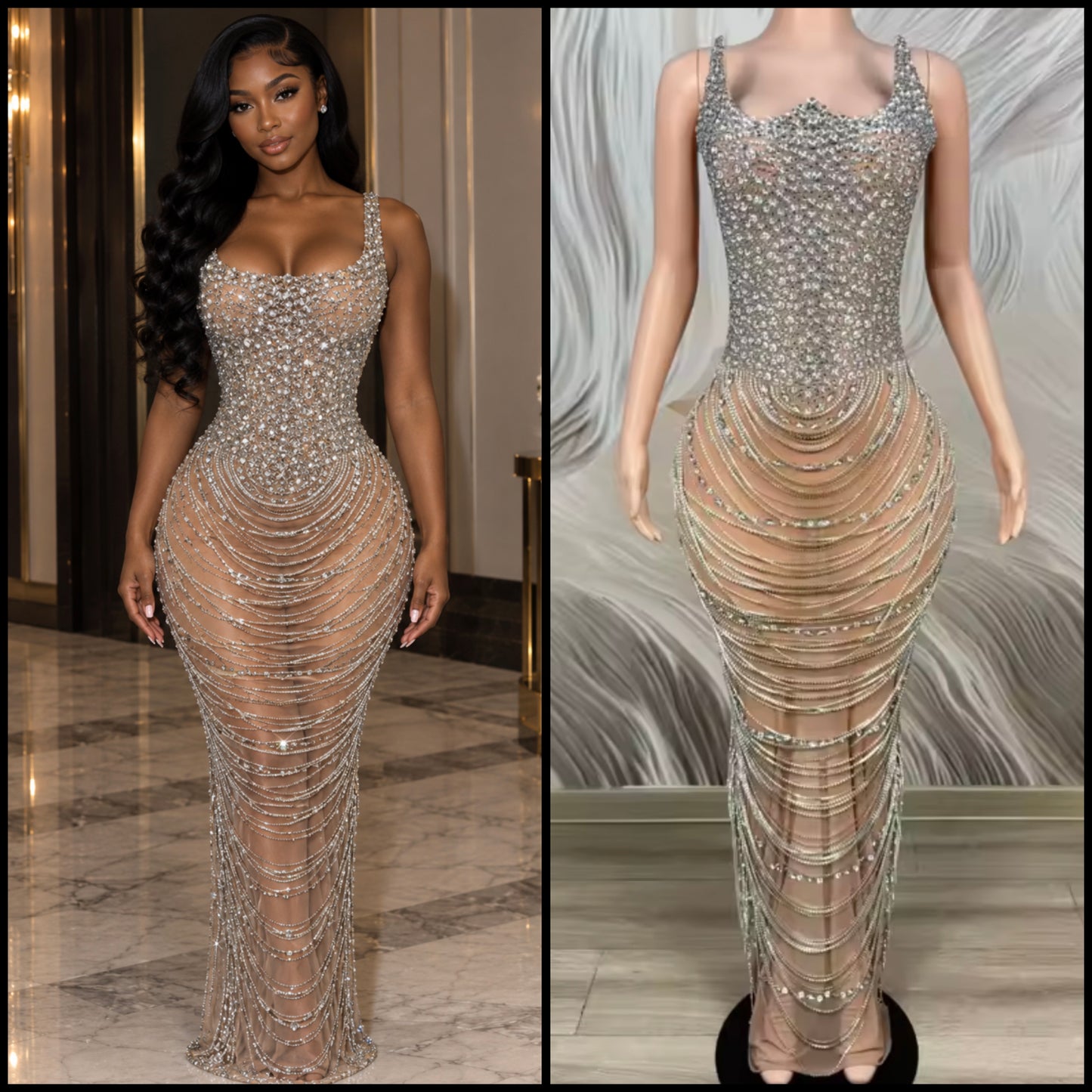 Sexy Sleeveless Rhinestone Chain See Through Maxi Dress