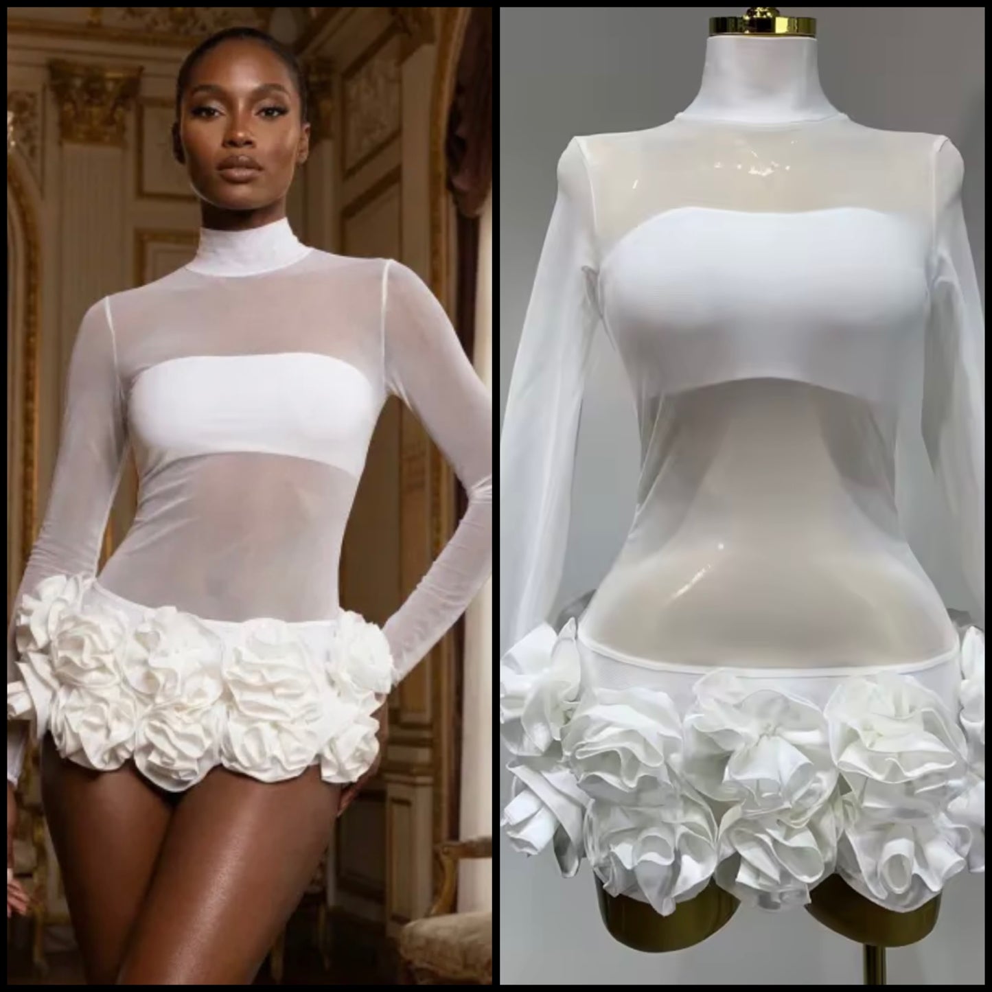 Sexy See Through Full Sleeve Floral Short Dress