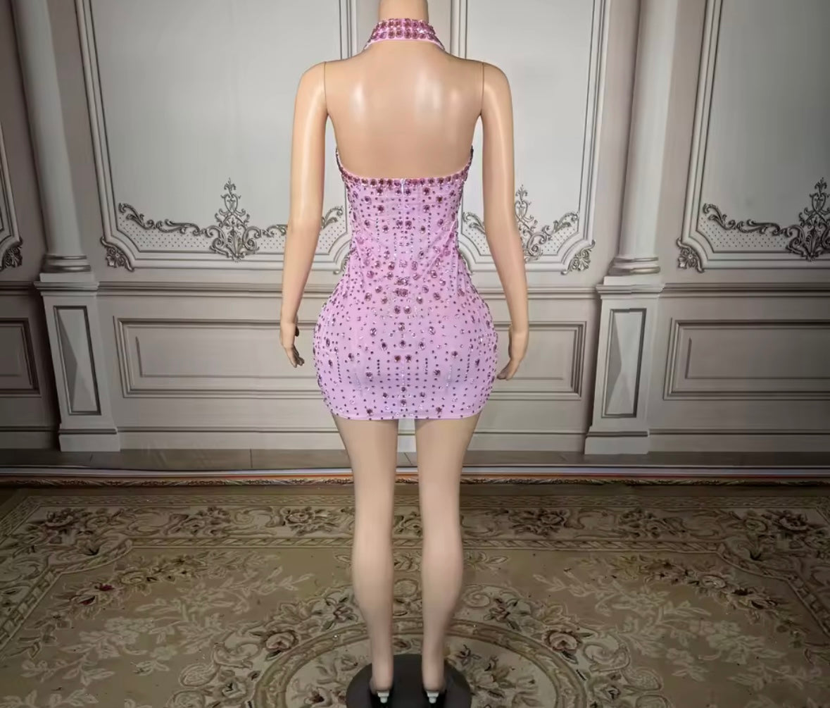 Sexy Pink Halter Sleeveless Crystal Short Dress
