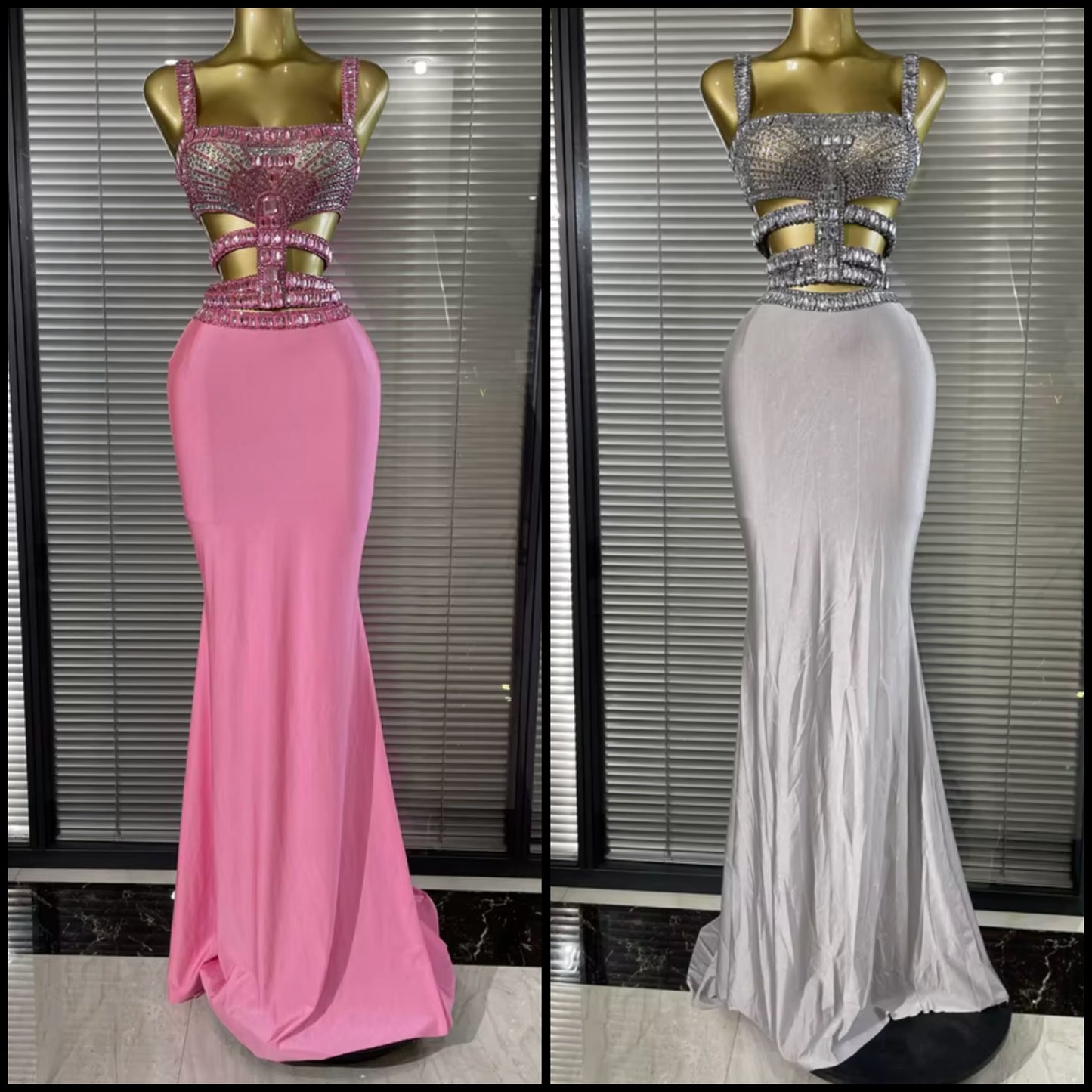 Sexy Sleeveless Rhinestone Crystal Hollow Out Maxi Dress