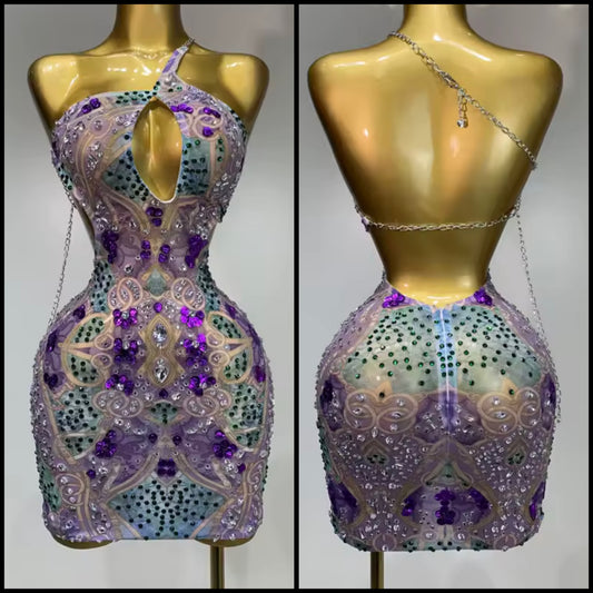 Sexy Sleeveless Color Crystal Open Back Chain Mesh Dress