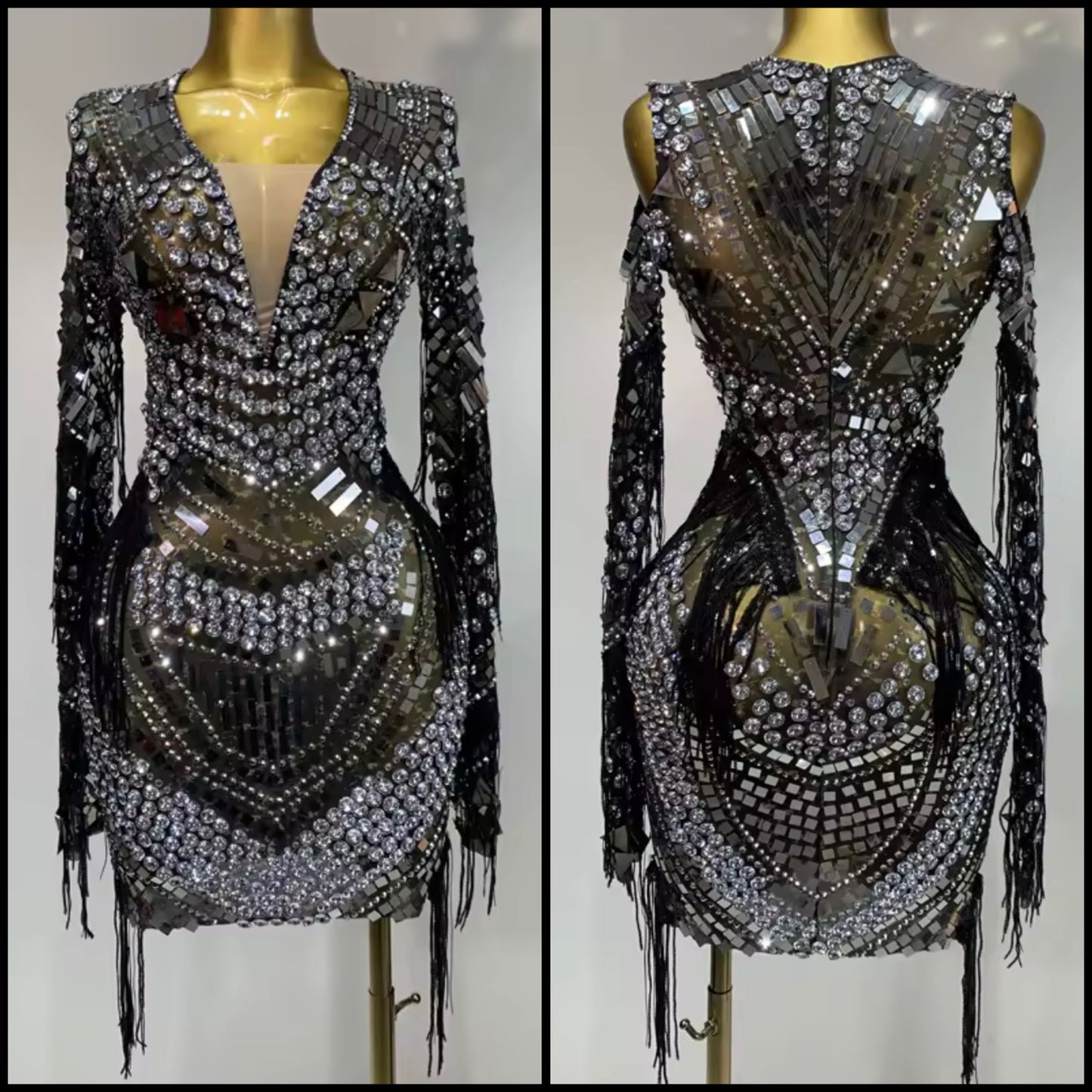 Sexy Rhinestone Mirror Full Sleeve Fringe Dress