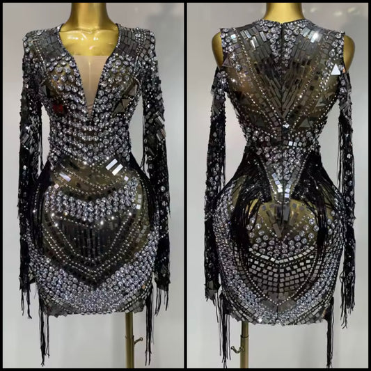 Sexy Rhinestone Mirror Full Sleeve Fringe Dress