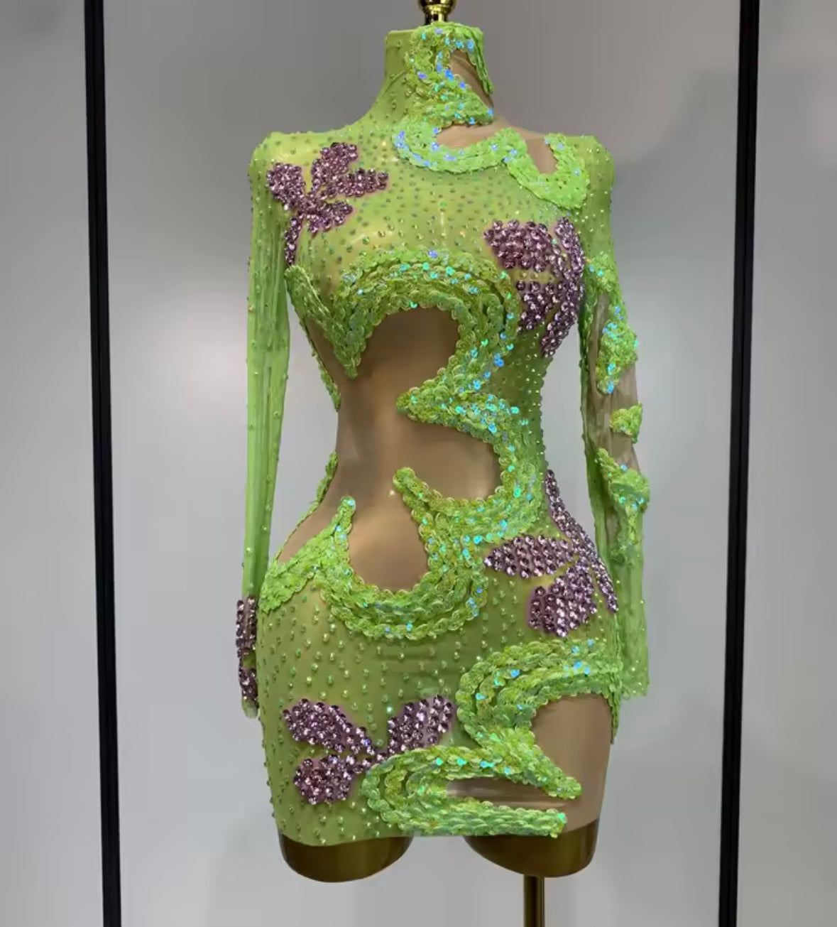 Sexy Green Sequins Rhinestone Full Sleeve Dress