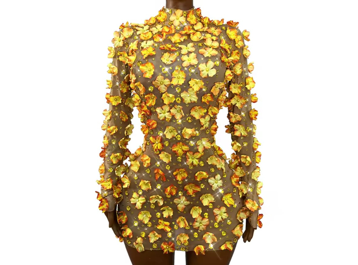 Sexy Full Sleeve Floral Rhinestone Short Dress