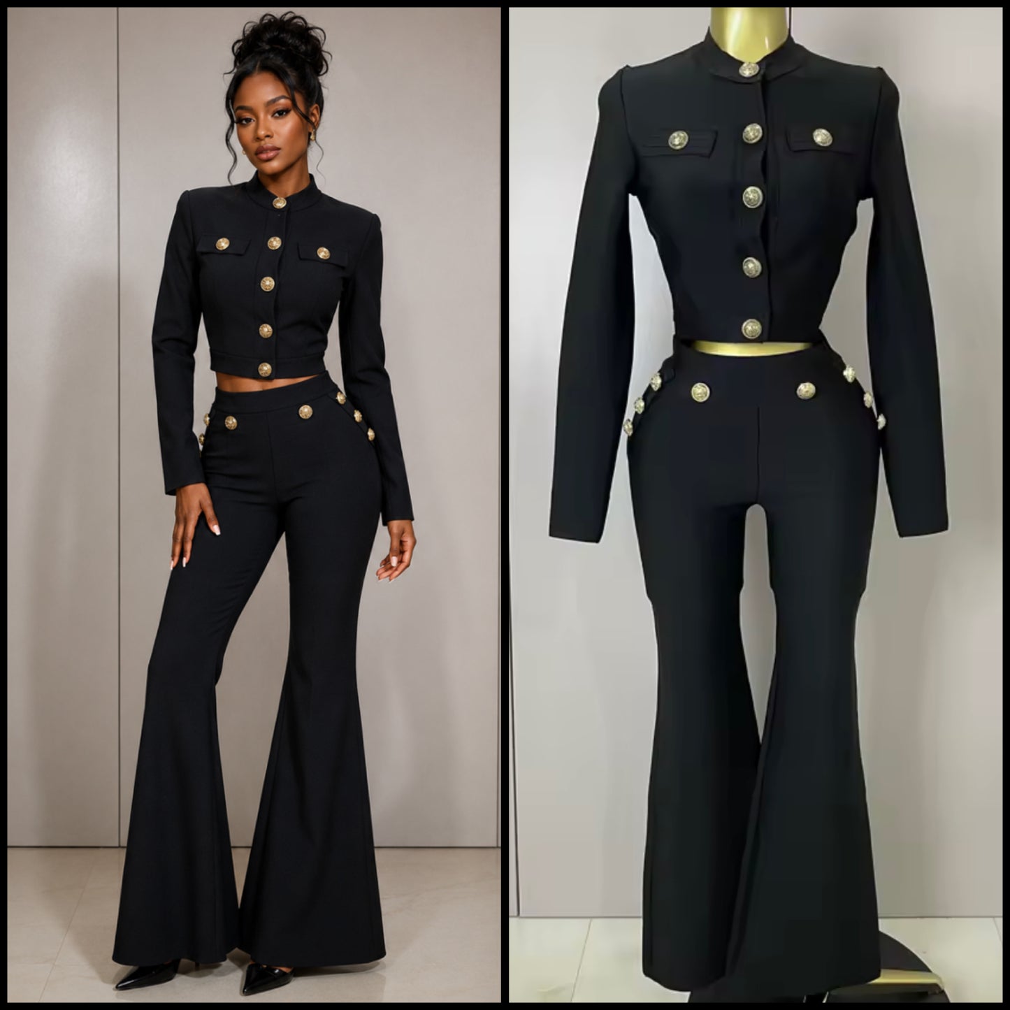 Black Fashion Gold Button Full Sleeve Crop Pant Set