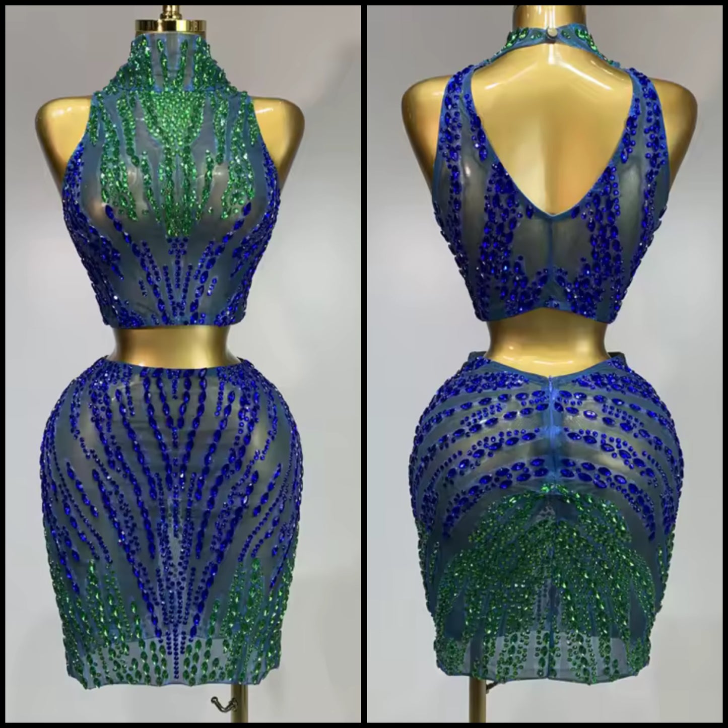 Sexy Sleeveless Gradient Rhinestone Skirt Set