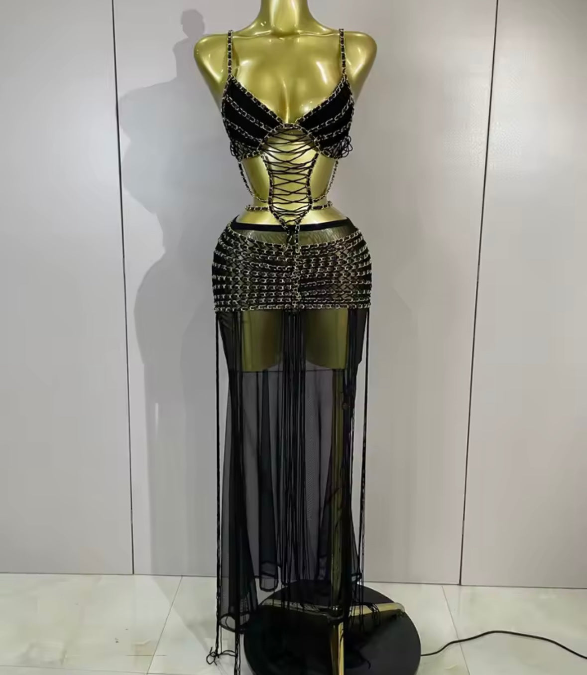 Women Black Sleeveless Chain Open Back Sexy Maxi Dress