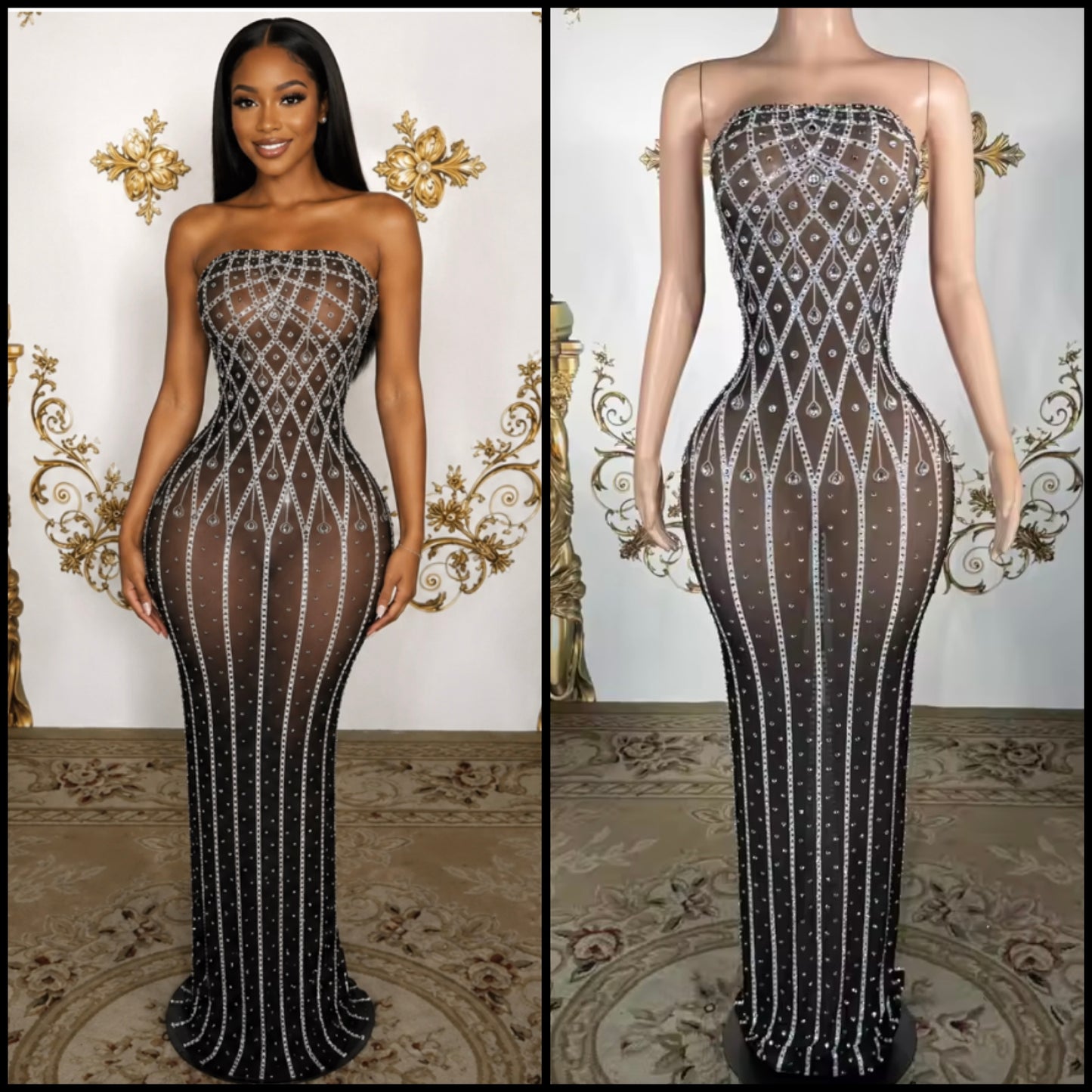 Black Sexy Strapless Rhinestone Embellishment Maxi Dress