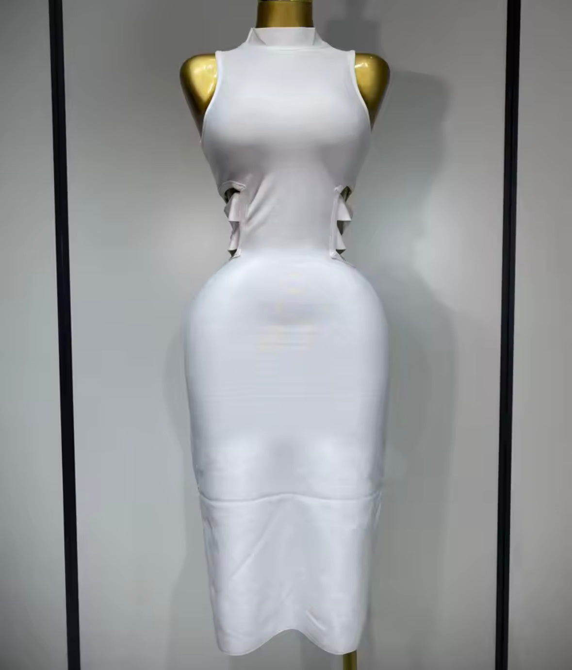 Sleeveless White Hollow Out Sexy Midi-Length Dress