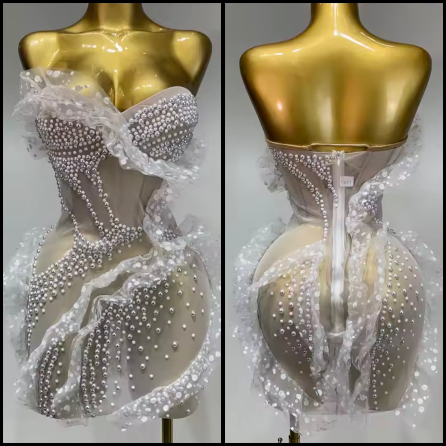 White Strapless Sexy Pearl Ruffle See Through Dress