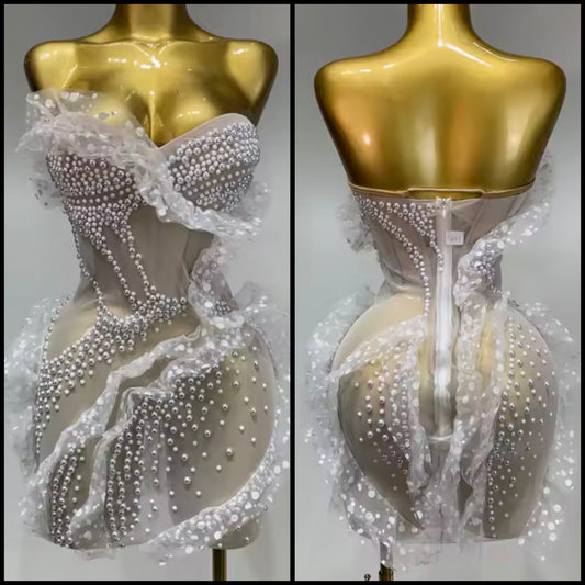 White Strapless Sexy Pearl Ruffle See Through Dress