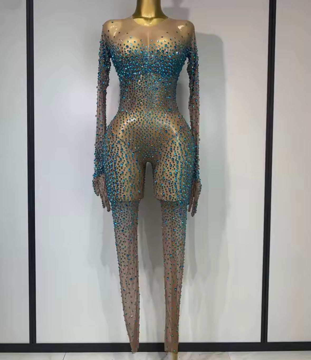 Sexy See Through Rhinestone Full Sleeve Jumpsuit
