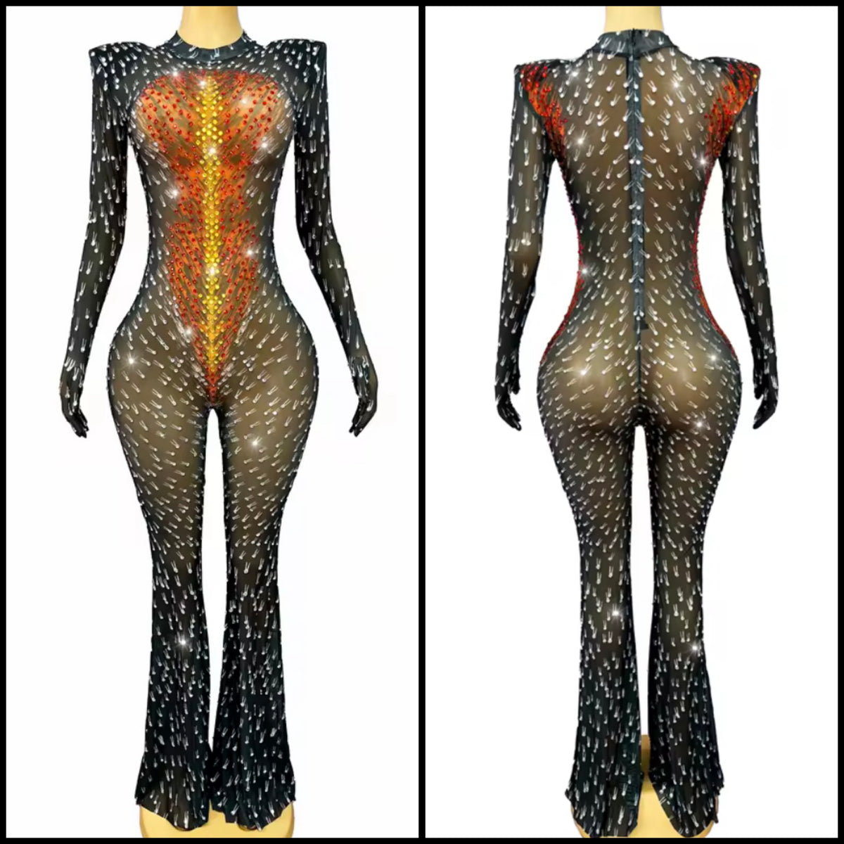 Sexy Rhinestone Glove Full Sleeve See Through Jumpsuit